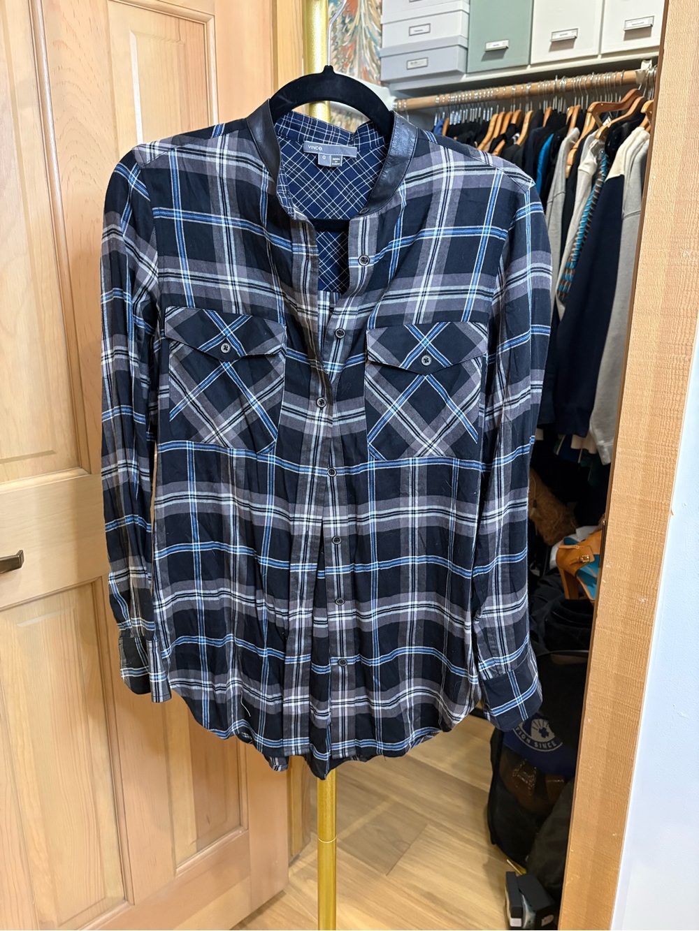 Vince Plaid Button-Front Shirt - Black & Blue with Leather Trim Collar